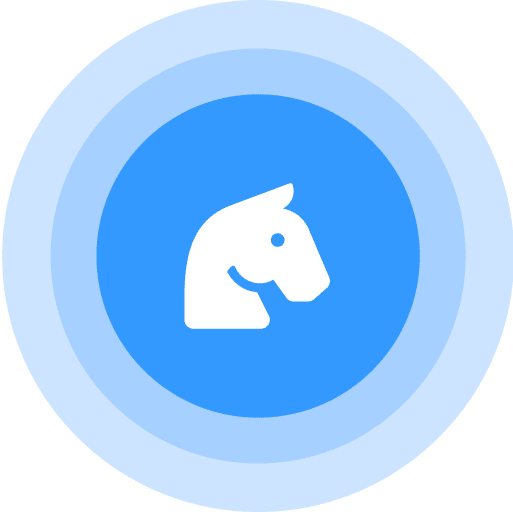 A white horse chess knight icon centered on a blue circular background.