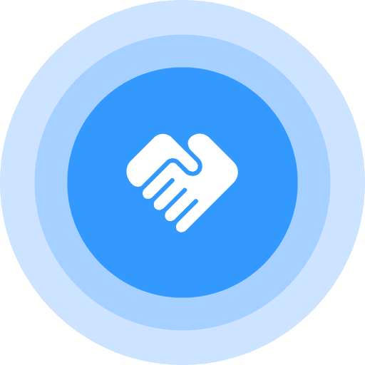 White handshake icon centered on a blue circular background.