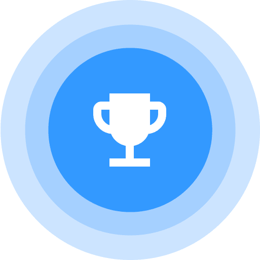 White trophy icon centered on a blue circular background.