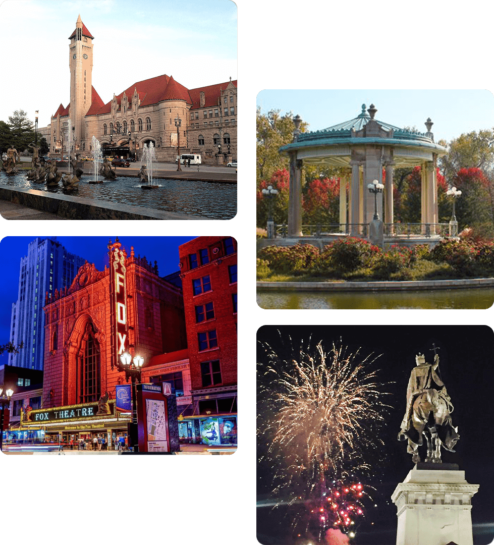 Collage of Leicester landmarks including a clock tower, gazebo, illuminated buildings, and fireworks over a statue.
