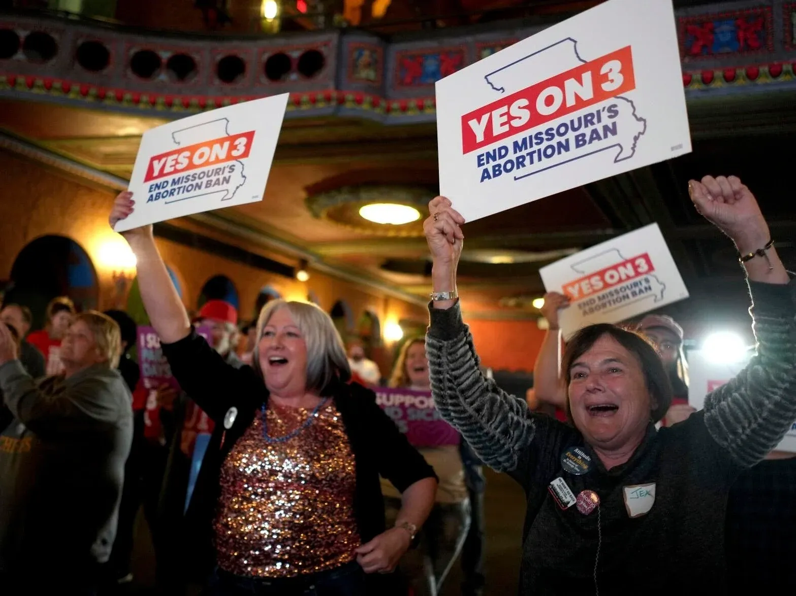 People holding "Yes on 3" signs, cheering.