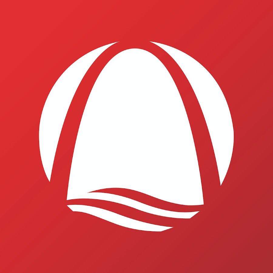 Logo design with red background and waves.